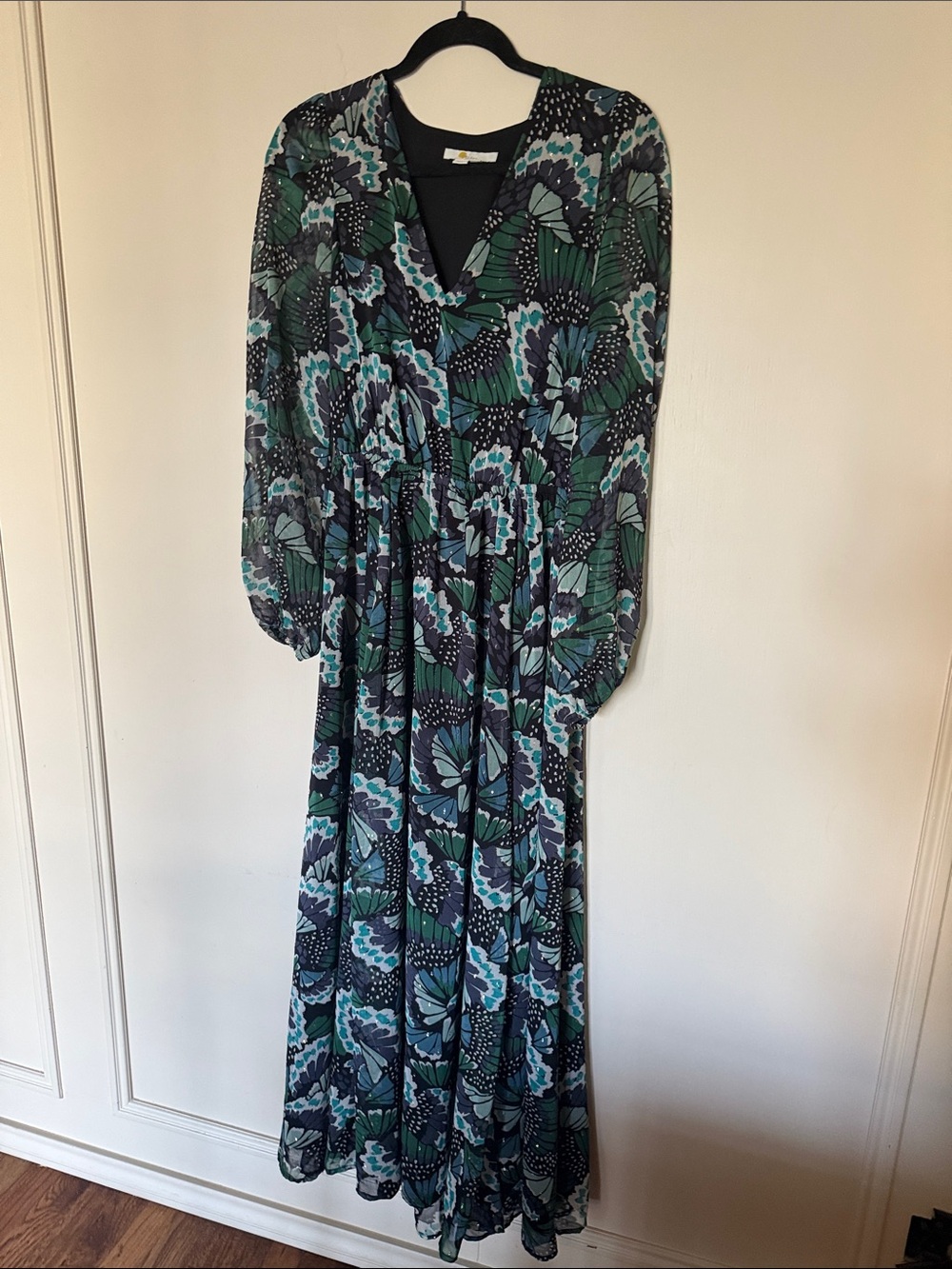 Boden Maxi Floral V-Neck Dress in Green and Blue